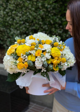 NO. 13. Sunny Box (yellow roses, hydrangeas, eucaliptus)