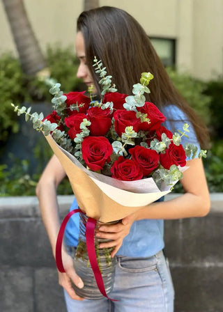 NO. 87. Bouquet With Red Roses And Eucaliptus