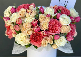 Birthday flower bouquet with pink roses and tulips in white box, Hollywood florist