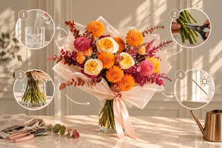 How to keep flowers fresh: a bouquet of orange dahlias, cream garden roses and pink astilbe in a glass vase, with four care steps around it