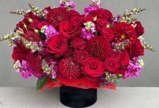 Elegant red rose and dahlia bouquet with pink flowers in a luxury black box | Anniversary flowers Los Angeles