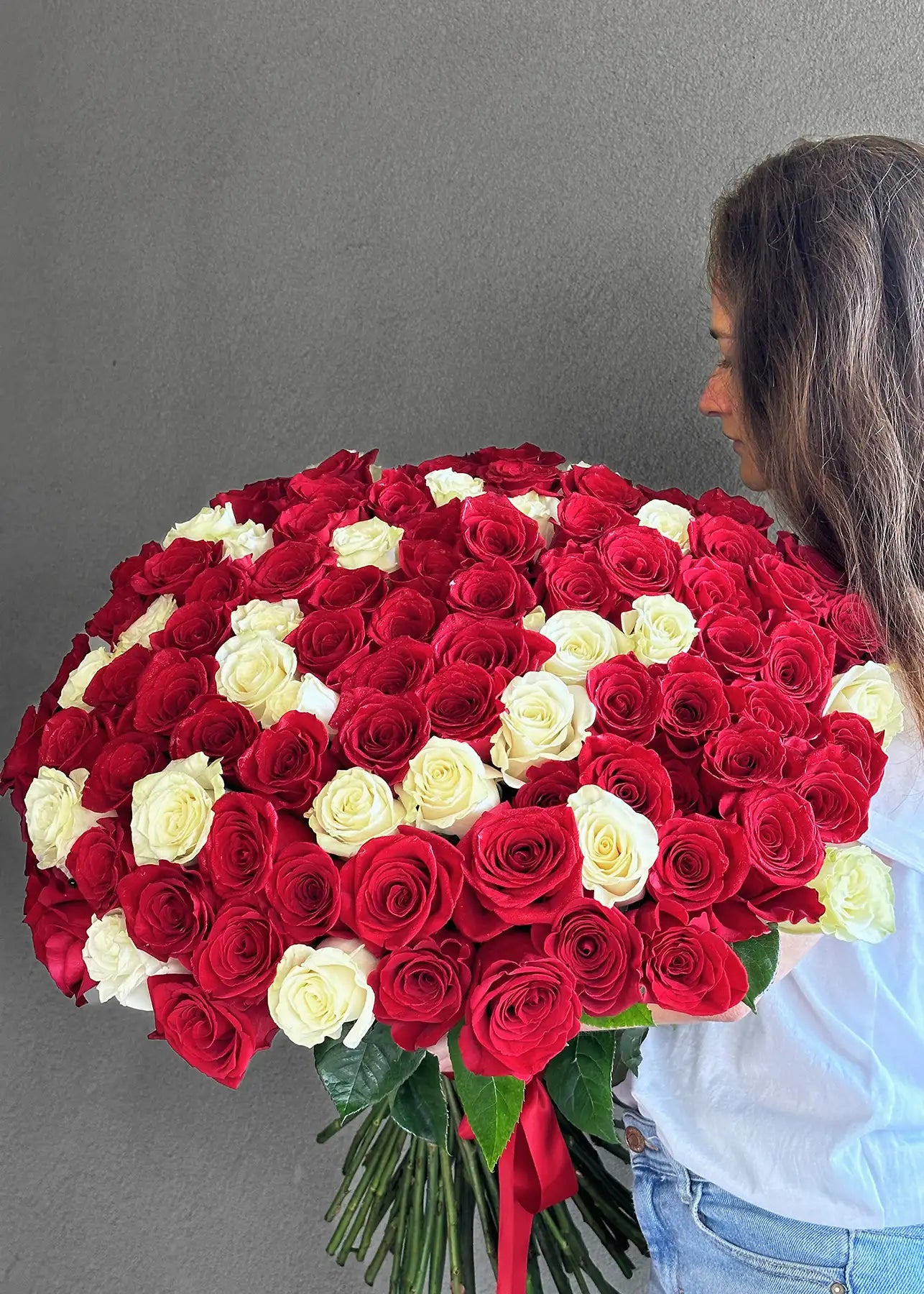 NO. 111. Bouquet with 100 Red and White roses
