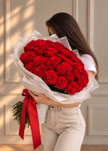 Red roses bouquet in layered paper with a long satin ribbon, held in both arms against a paneled cream wall