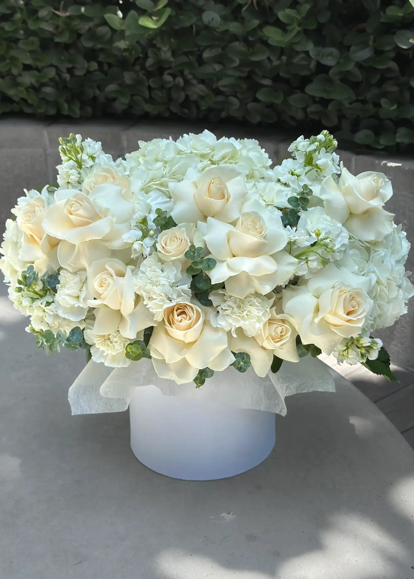 NO. 19. Box With White Flowers (roses, matthiolas, hydrangea)