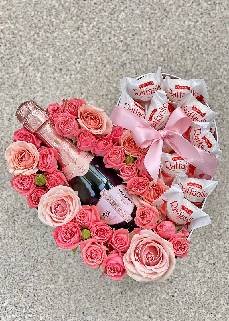 NO. 167. Heart Flower Box with Champagne and Raffaello – Cherry Blossom ...