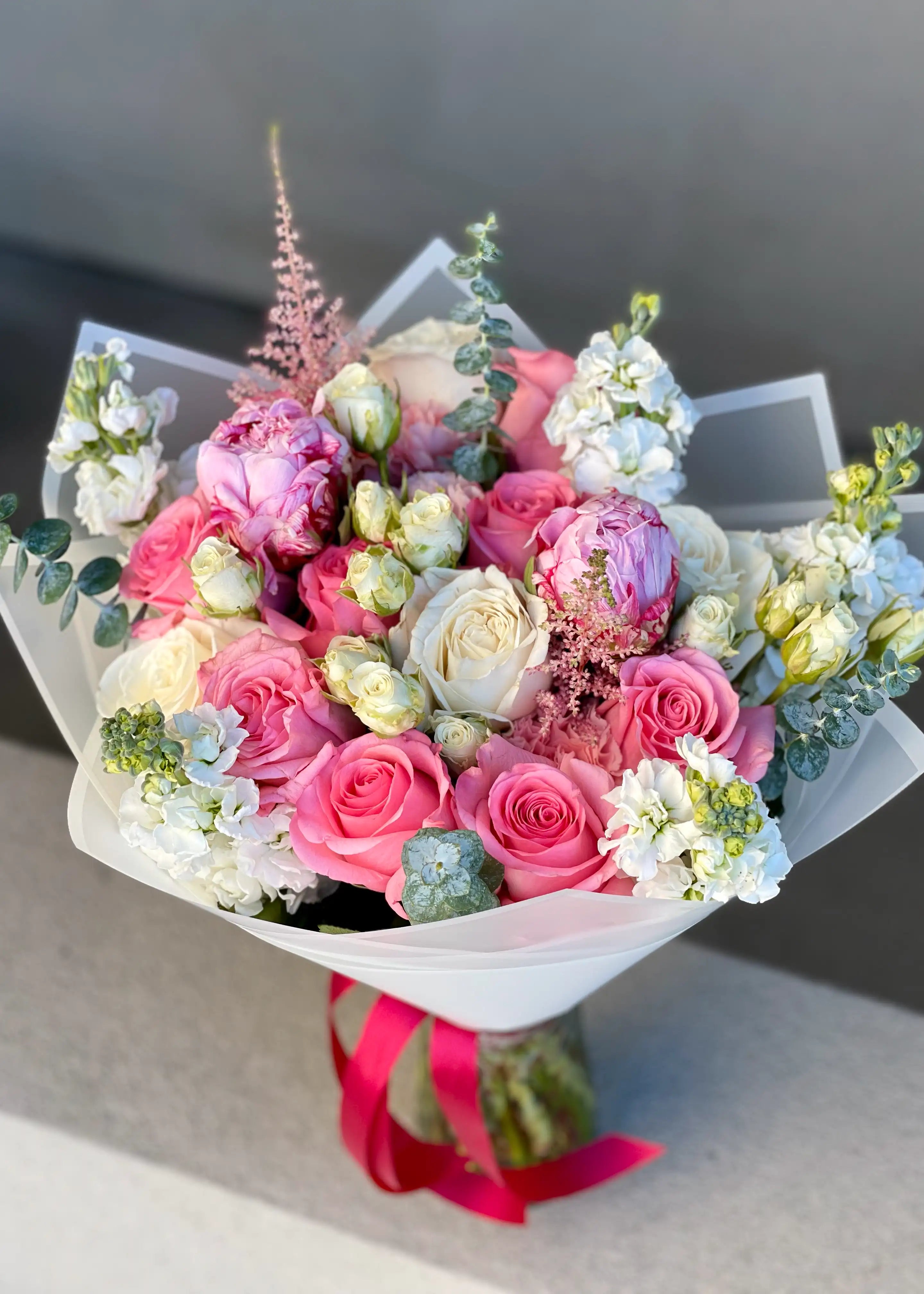 NO. 123. Pink Tenderness Bouquet (peonies, roses, matthiolas, astilbe)