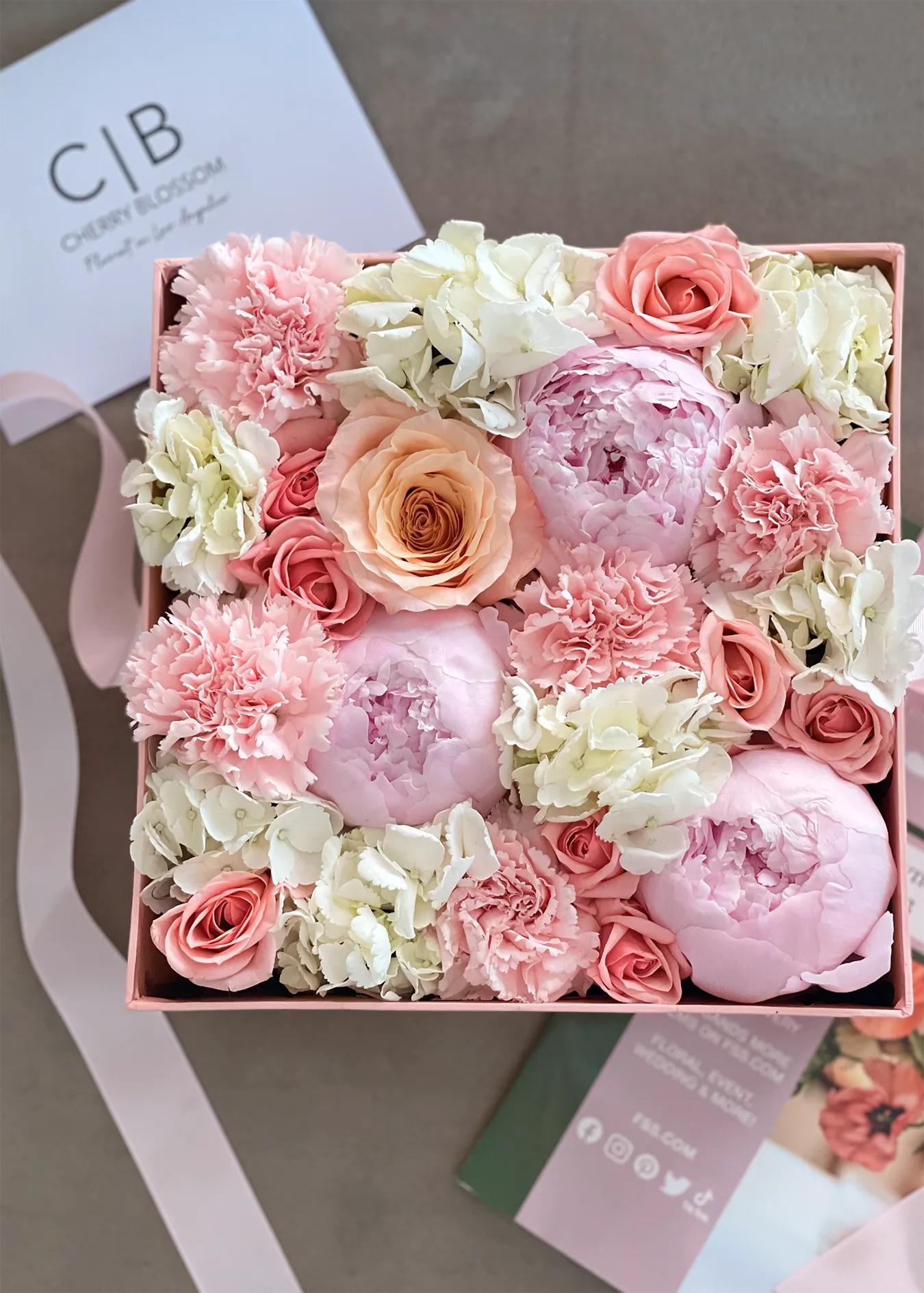 NO. 114. Square Box Rosy Blush Blooms (peonies, roses, dianthuses, hydrangeas)