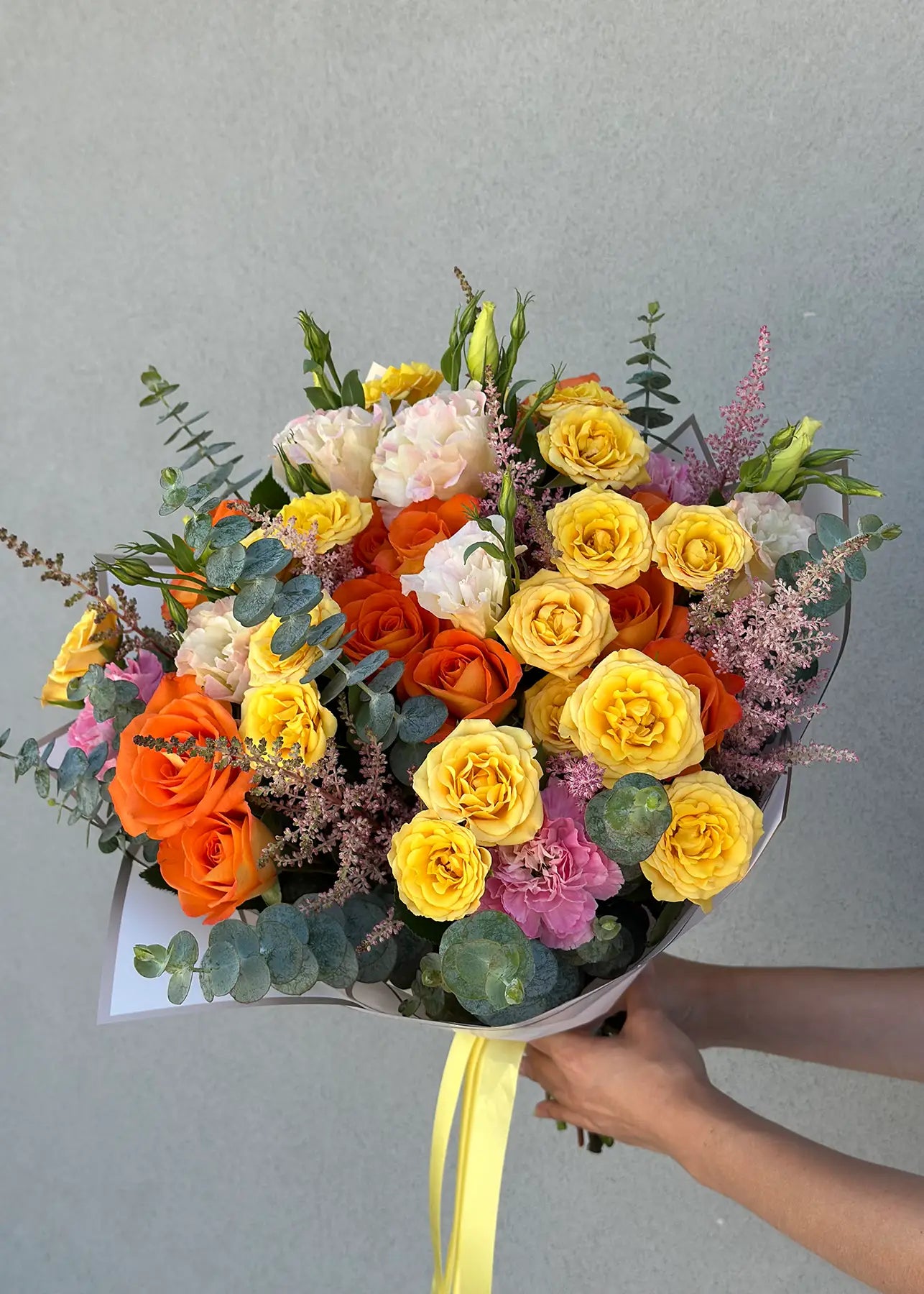 NO. 113. Summer Bouquet (roses, dianthuses, lisianthuses, eucalyptus, astilbe)