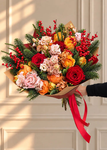 Christmas bouquet of red and orange roses, blush lisianthus, tulips, red ilex berries and fir, held at arm's length