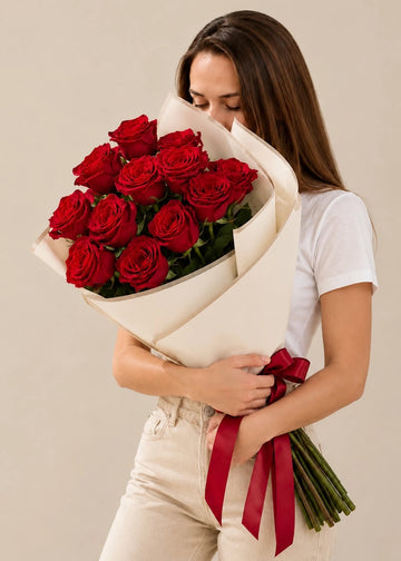 Dozen red roses bouquet in paper with a satin ribbon, held close against a beige wall