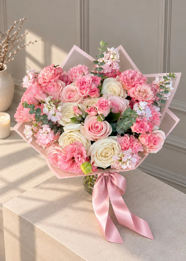 Blush roses bouquet with ivory roses and pink carnations, wrapped in paper, in a glass vase on a stone console