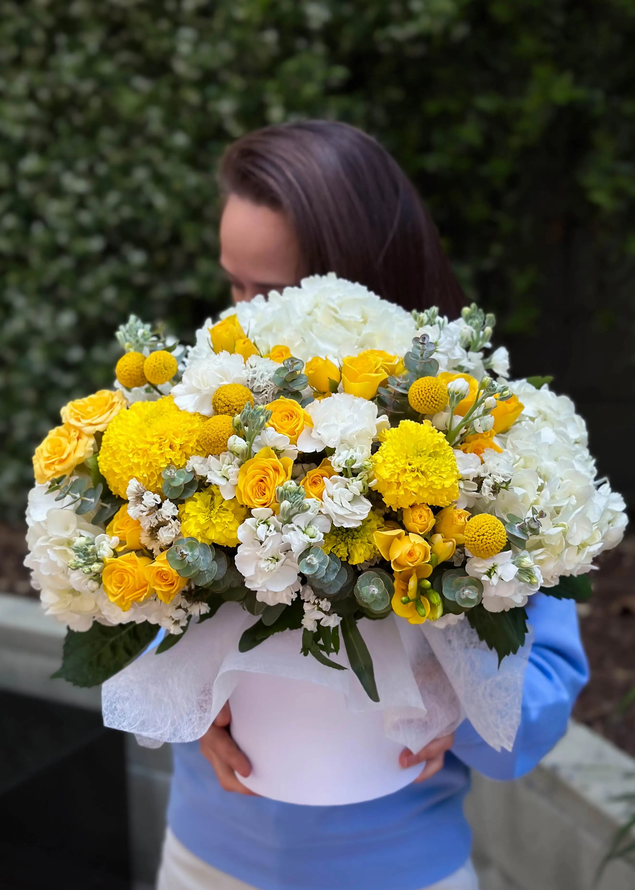 NO. 13. Sunny Box (yellow roses, hydrangeas, eucaliptus)