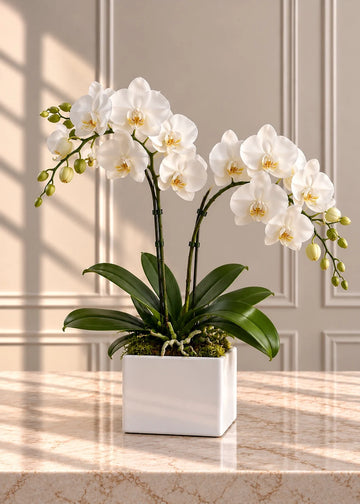 White orchid plant with two arching stems of phalaenopsis in a square white ceramic pot with moss, on a marble table