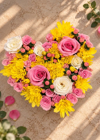 Heart box of pink and white roses with yellow chrysanthemums and coral hypericum berries, top view in sunlight
