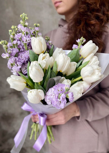 Tulip bouquet of white tulips and lavender stock in paper wrap with a ribbon, held in hands