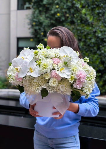 Orchid box of white orchids, white dahlias, spray roses and pale pink carnations held in both arms outdoors