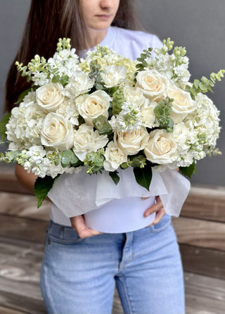 NO. 19. Box With White Flowers (roses, matthiolas, hydrangea)
