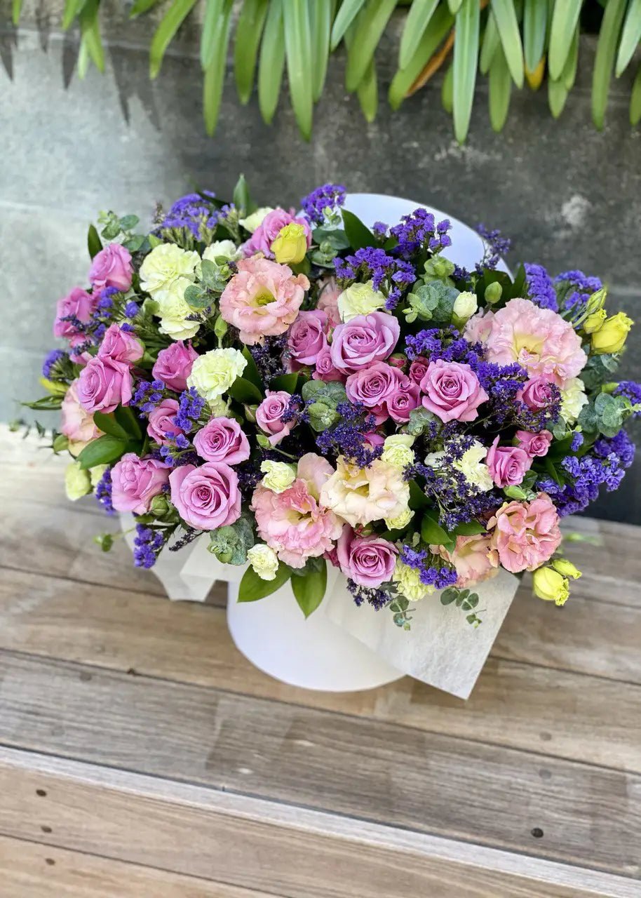 NO. 79. Loving Box with Mix of Flowers (spray roses, lisianthuses, dianthuses, greenery)