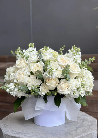 NO. 19. Box With White Flowers (roses, matthiolas, hydrangea)